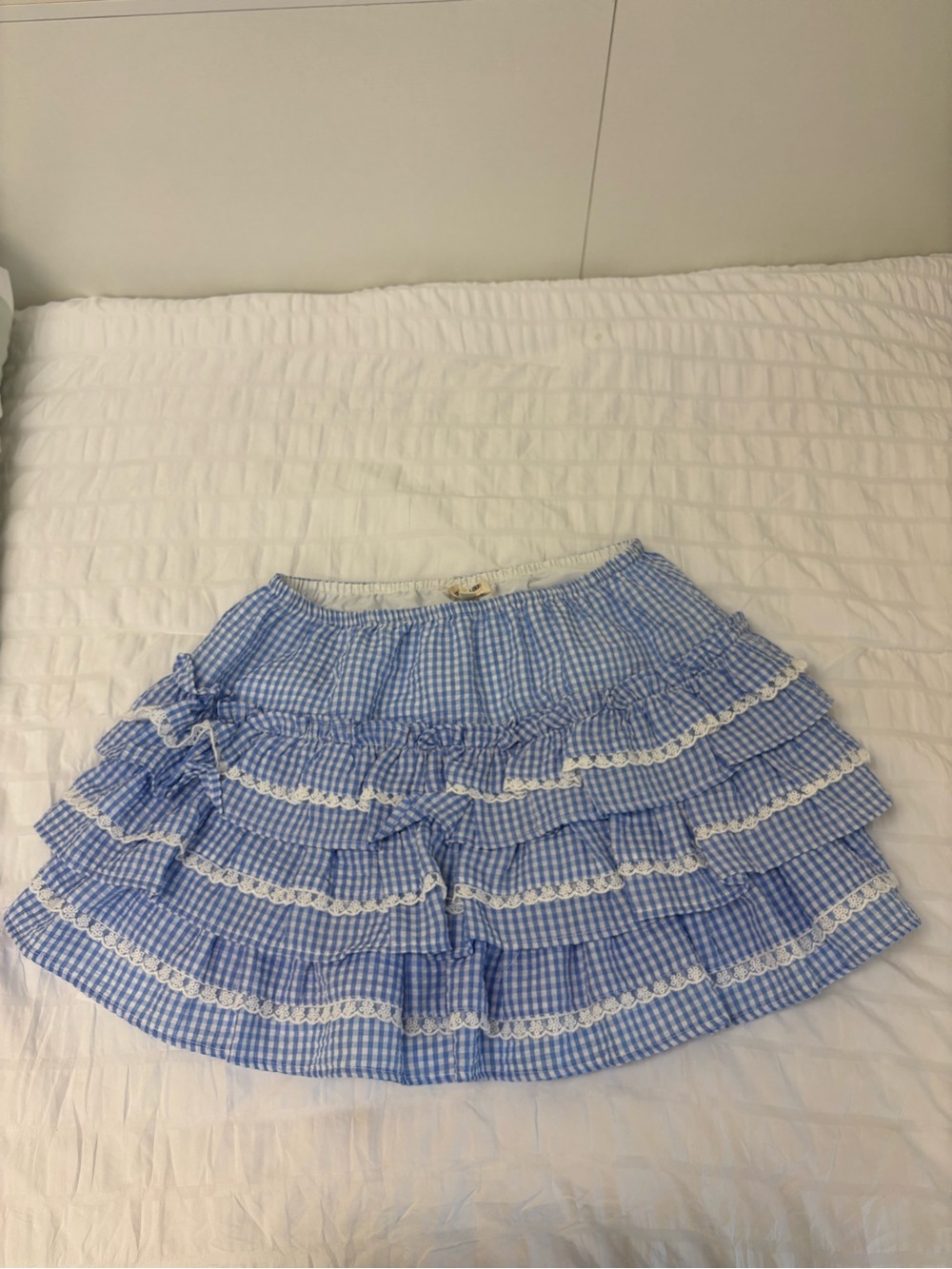 Blue Gingham Ruffle Mini Skirt with Lace Trim